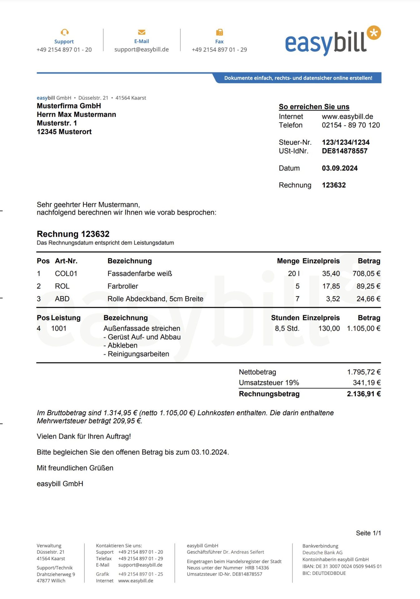 Lohn und Materialkosten getrennt ausweisen Handwerker Rechnung