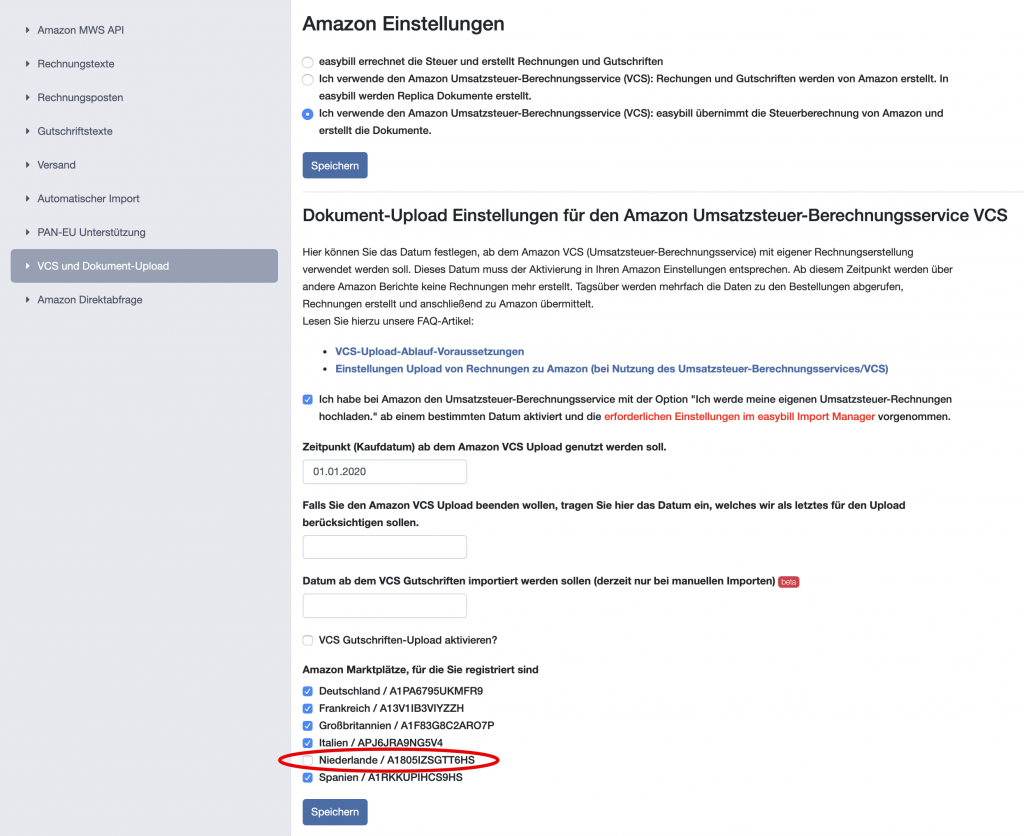 Aktivierung Marktplatz in den Niederlanden in den Einstellungen für den VCS Upload