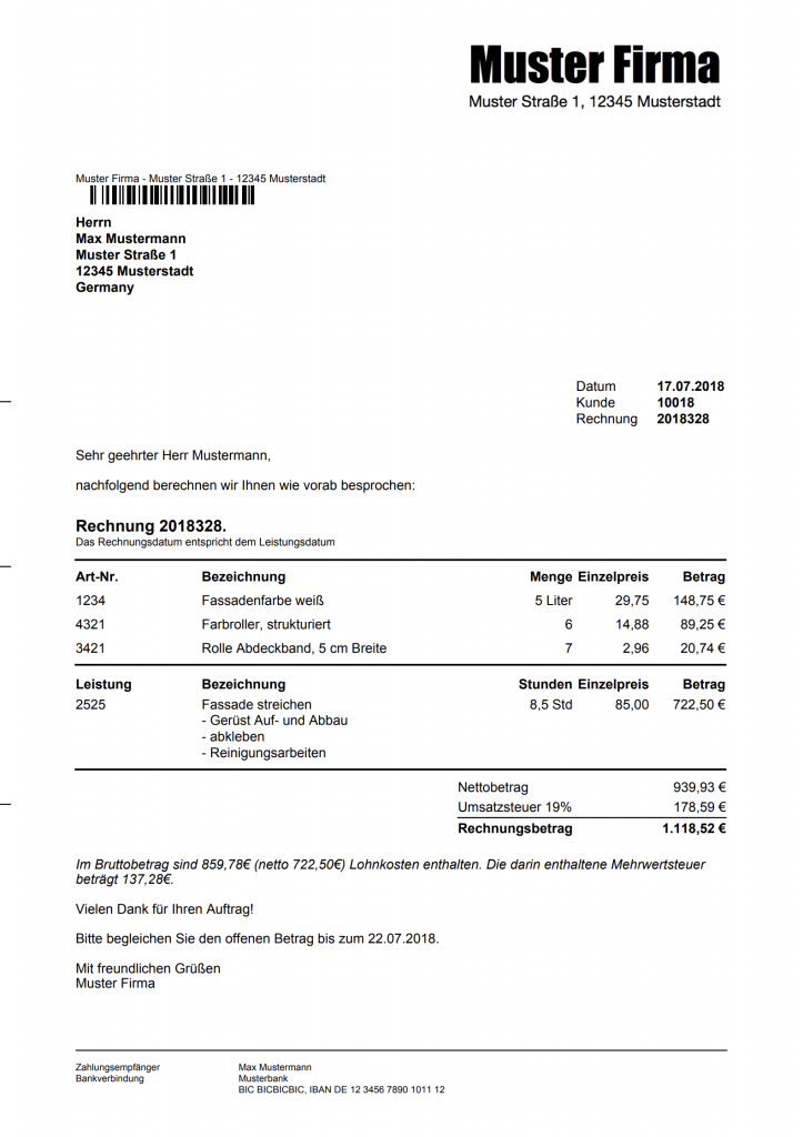 Muster einer Rechnung mit Ausweisung des Lohnkostenanteils