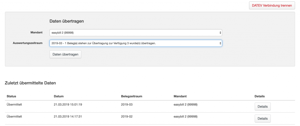 Erstanbindung von DATEVconnect online und easybill