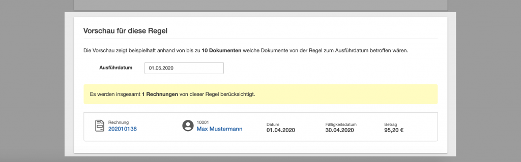 Betrachten Sie die Vorschau für die neue Regel im automatisierten Mahnwesen