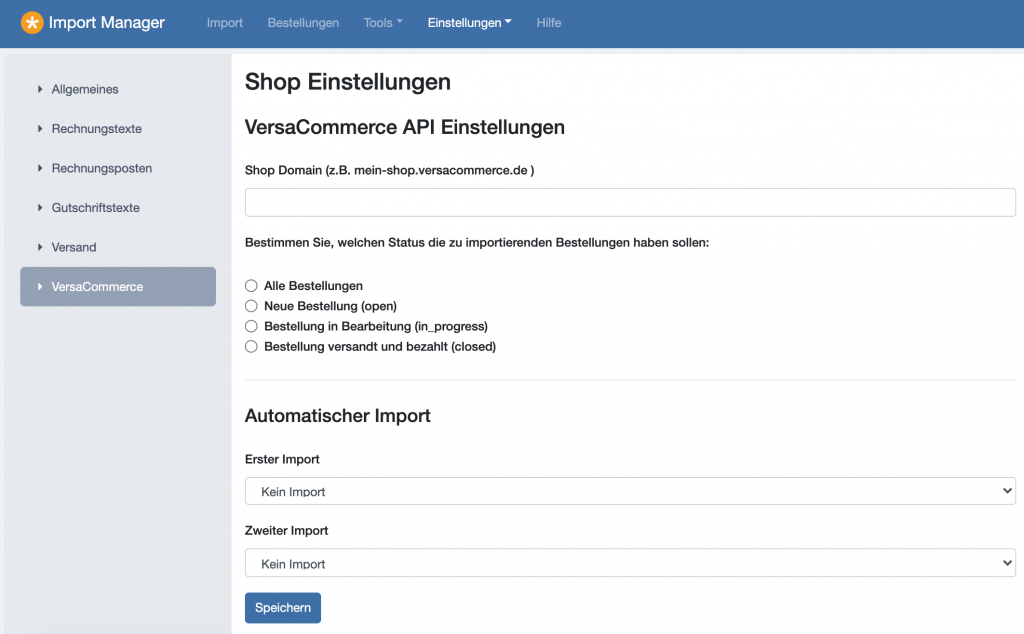 VersaCommerce Einstellungen