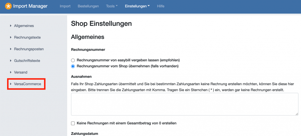 VersaCommerce Einstellungen 2