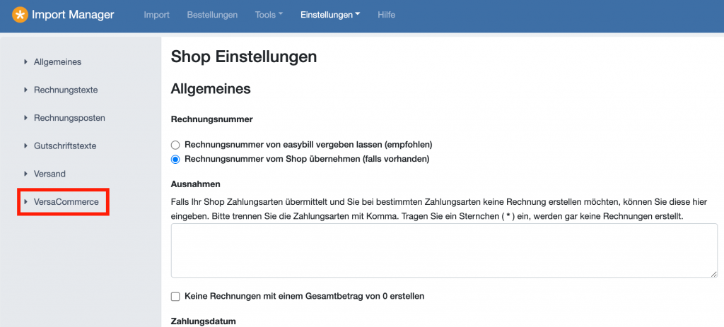 VersaCommerce Einstellungen  2