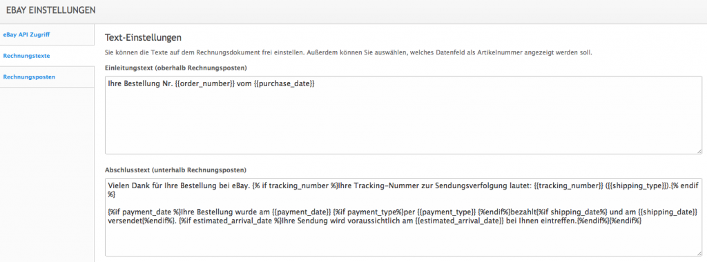 eBay-Rechnungstexte Import Manager