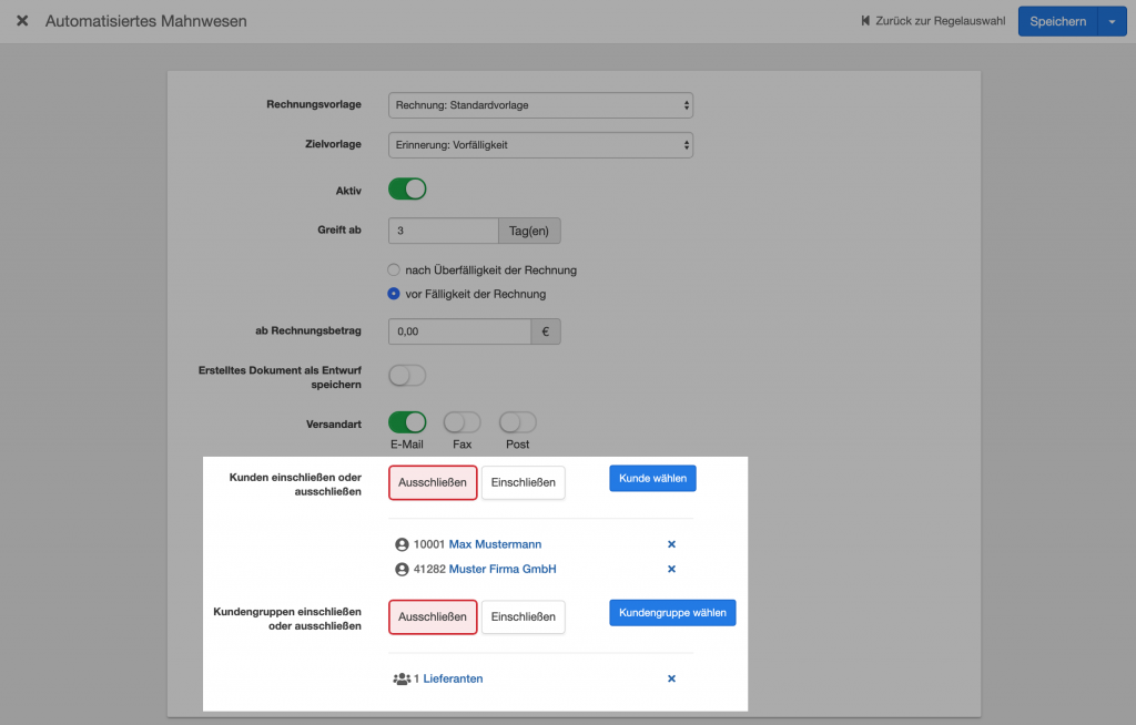 Kunden /Kundengruppen ein- und ausschließen in eigenen Regeln zum automatisierten Mahnwesen.