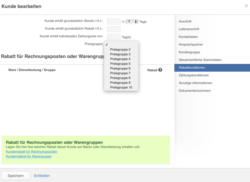 Preisgruppe zuweisen