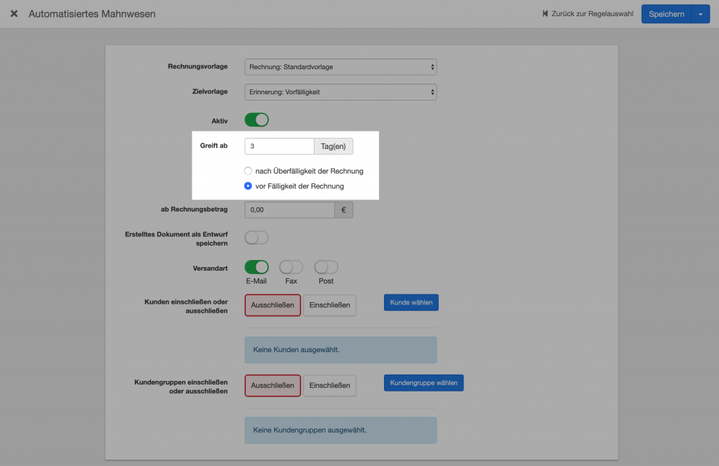 Einstellungen für Fälligkeitstage im automatischen Mahnwesen easybill.