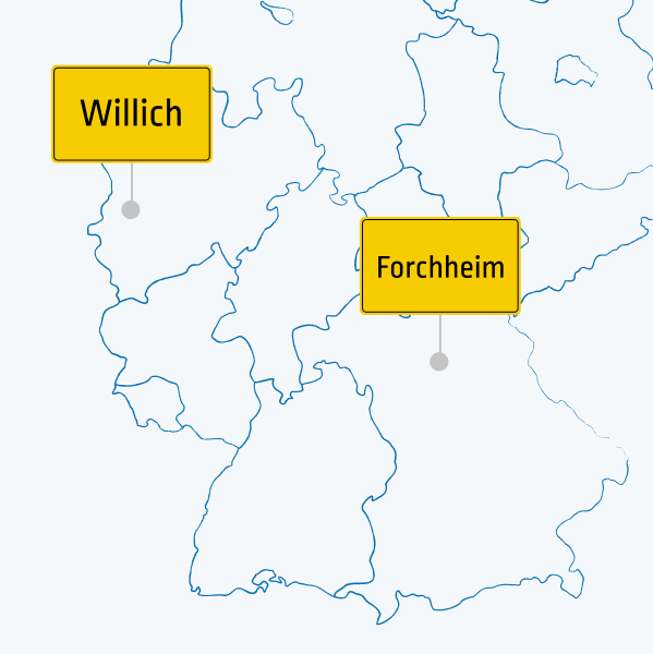 Karte der Standorte von easybill in Willich und Forchheim
