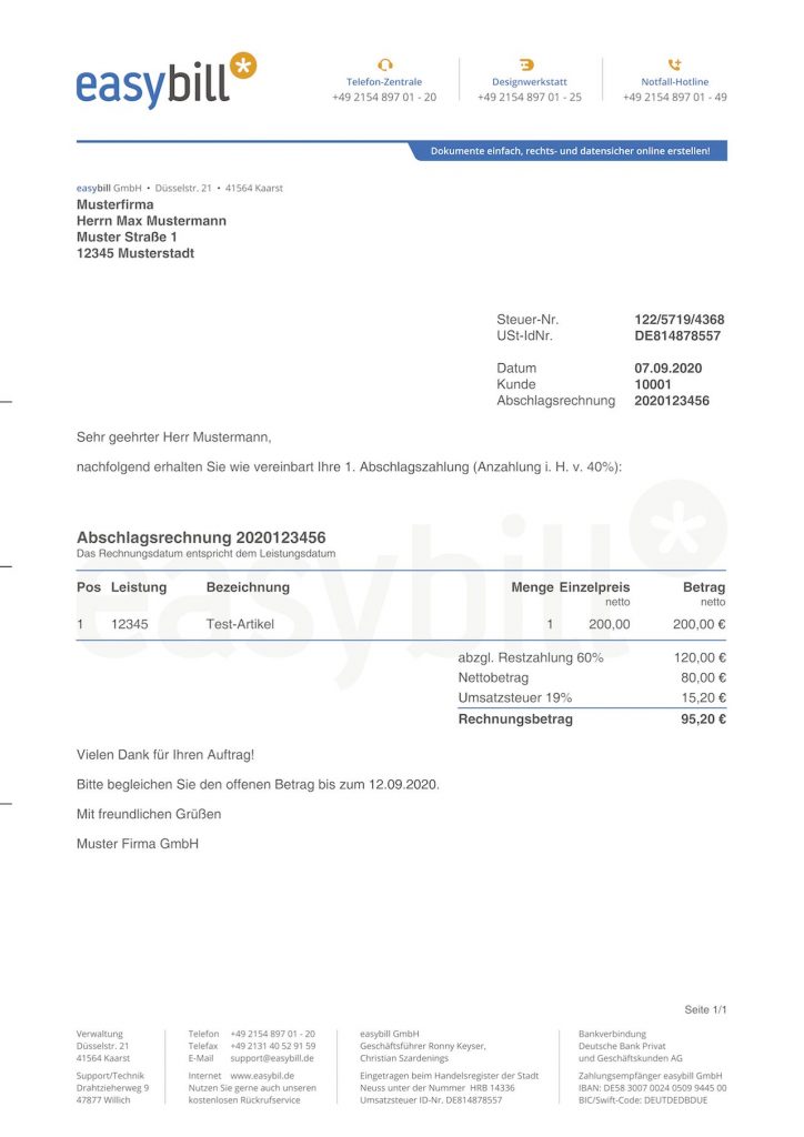 Abschlagsrechnung Vorlage mit easybill-Design