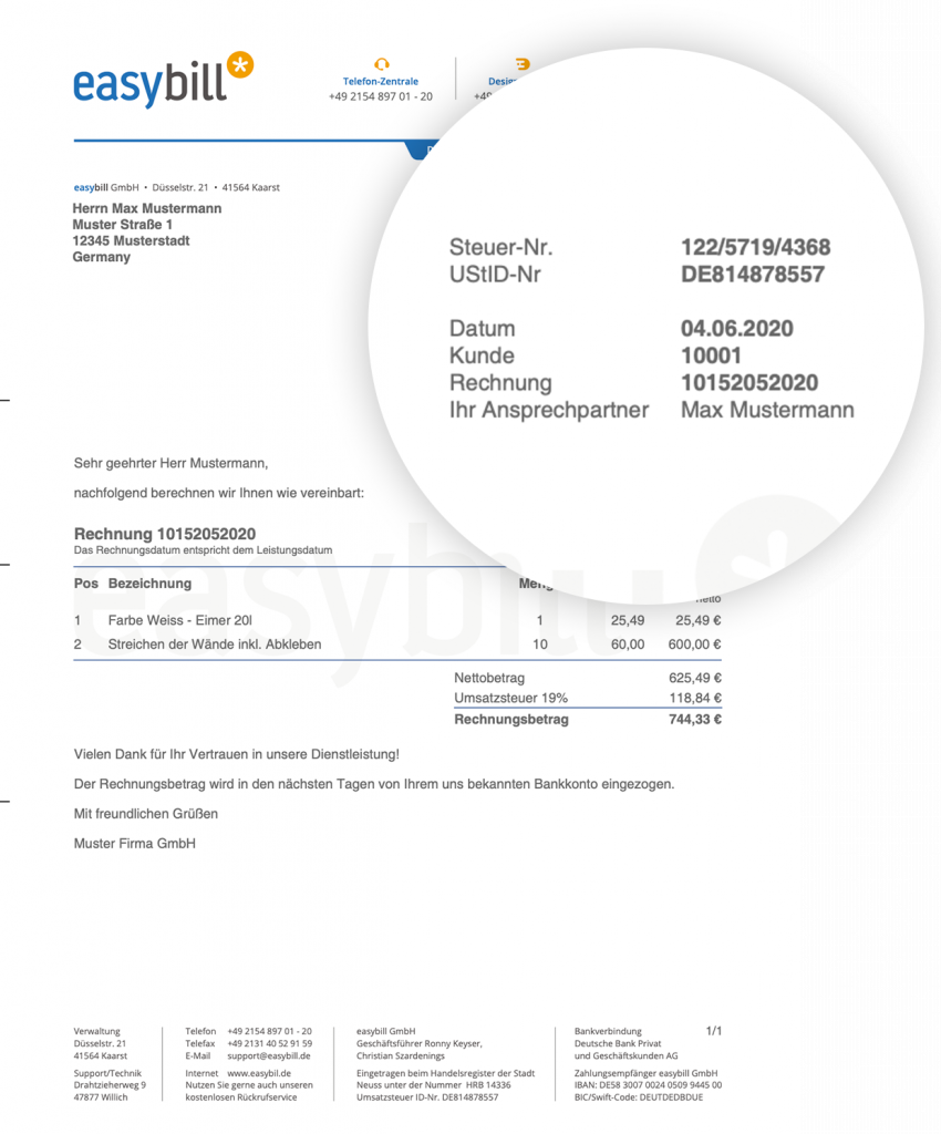 Vorlage Rechnung mit Steuernummer