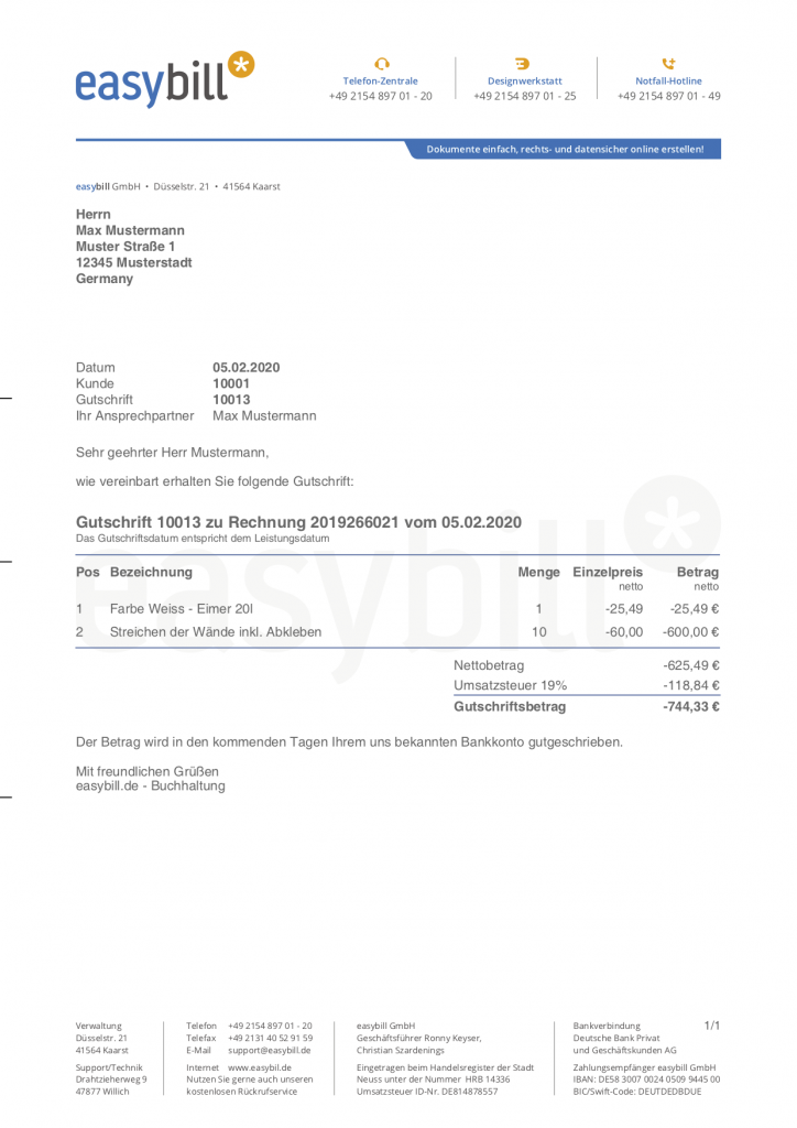 Rechnungskorrektur mit Gutschrift Vorlage