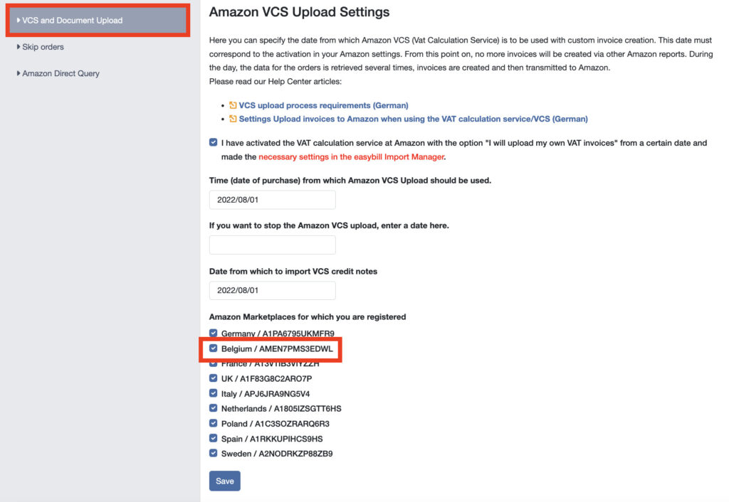 Amazon Belgium VCS Settings
