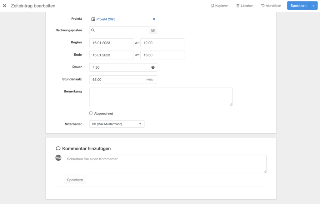 Kommentarfunktion im Zeiteintrag