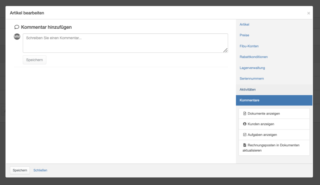 Kommentarfunktion im Rechnungsposten