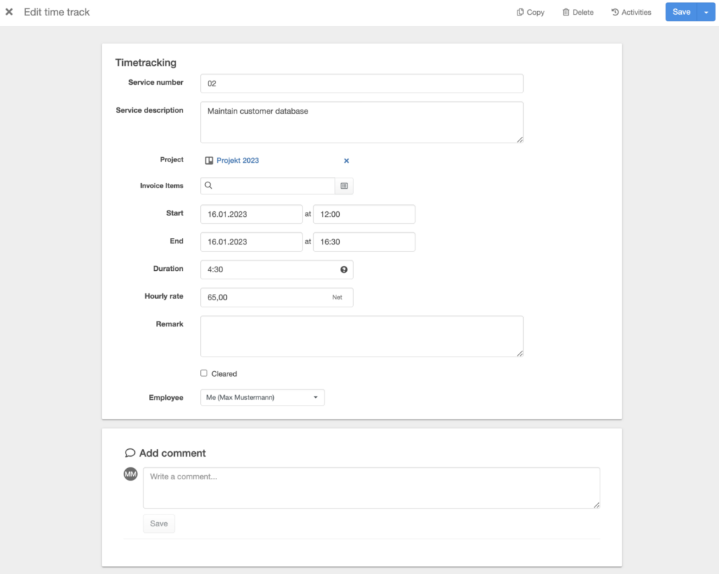 Comment function for timetracking in easybill