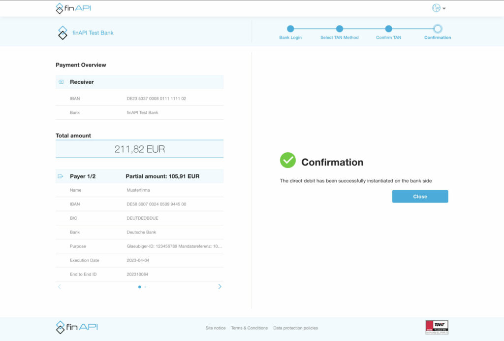 Confirmation of finAPI transaction to the bank account