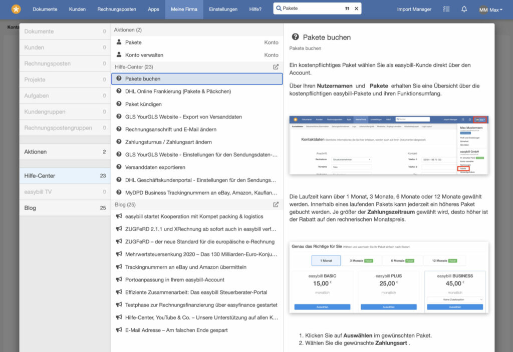 Suche mit unterstützenden Ergebnissen durch das easybill Hilfe-Center