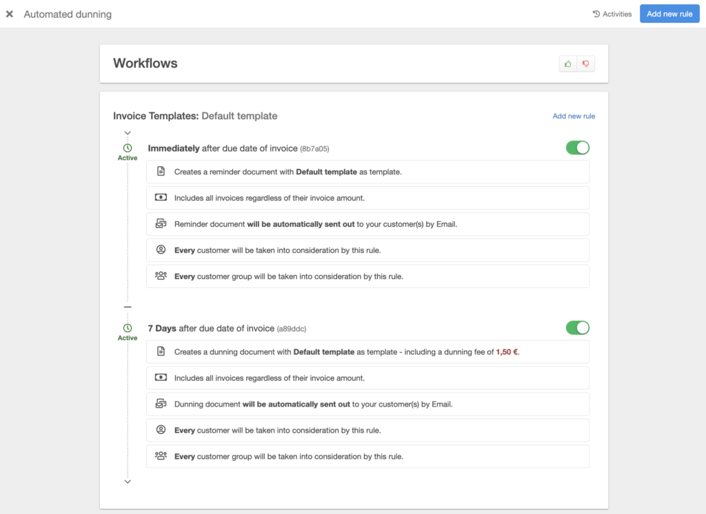 Automated dunning and rules in easybill