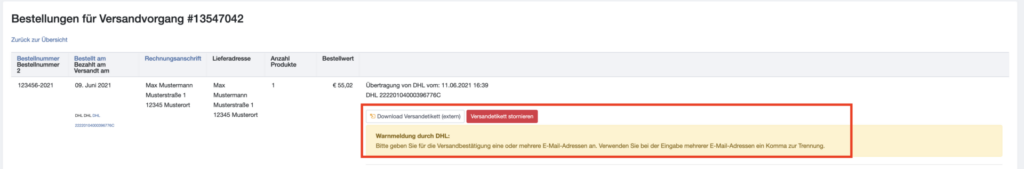 Versandvorgang erstellt über DHL Schnittstelle