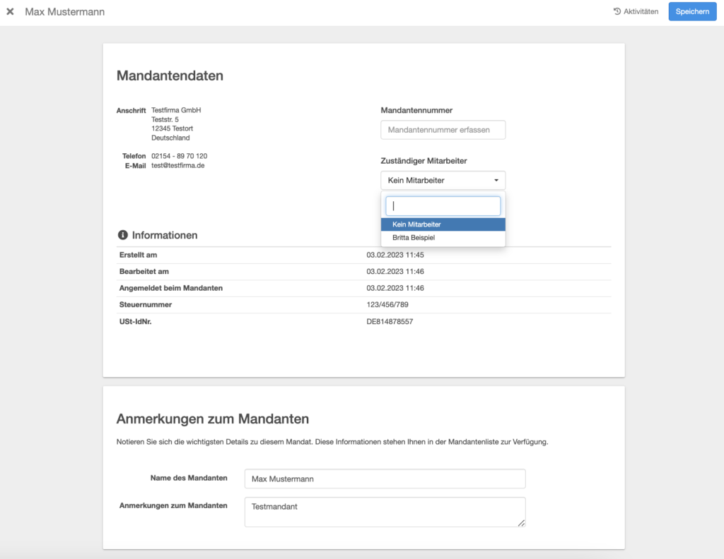 Mandanteninformation eintragen im Steuerberater-Portal