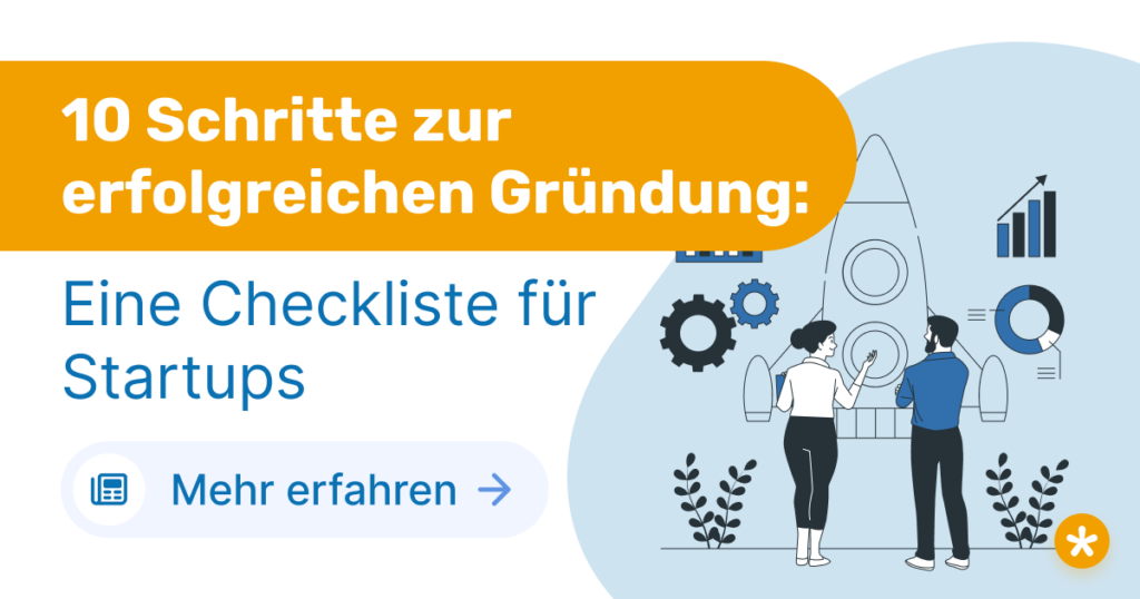 Headerbild für Blogbeitrag 10 Schritte zur erfolgreichen Gründung und Checkliste für Startups, Gelbe Headline und blaue Subline