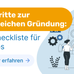 Headerbild für Blogbeitrag 10 Schritte zur erfolgreichen Gründung und Checkliste für Startups, Gelbe Headline und blaue Subline