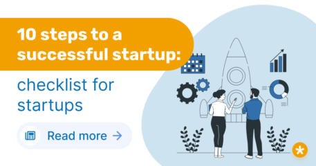 Header image for blog post 10 steps to successful startup and checklist for startups, yellow headline and blue subline