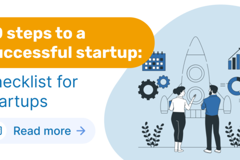 Header image for blog post 10 steps to successful startup and checklist for startups, yellow headline and blue subline