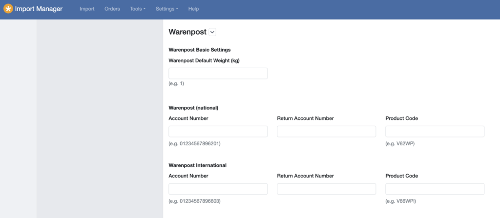 Settings for DHL Warenpost international in your easybill Import Manager Account