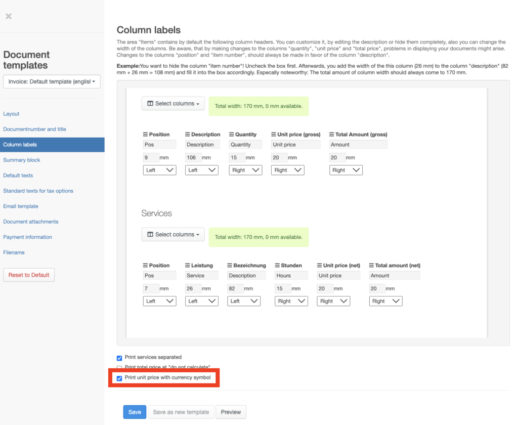 Show unit price with currency symbol in easybill