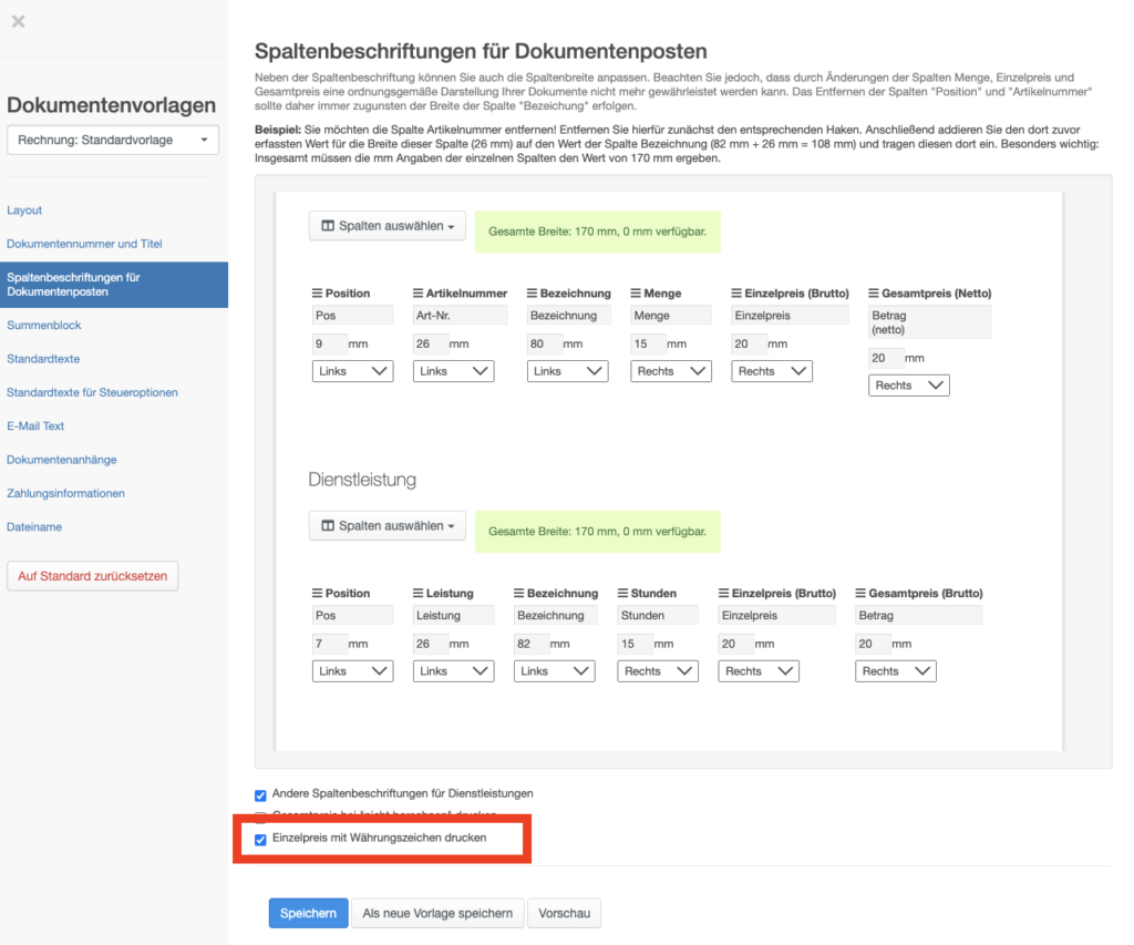 Währungszeichen im Einzelpreis aktivieren