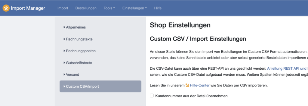 Screenshot aus dem easybill Import Manager für die Einstellung der Custom CSV