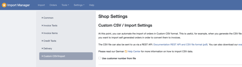 Screenshot of the easybill settings for custom csv upload