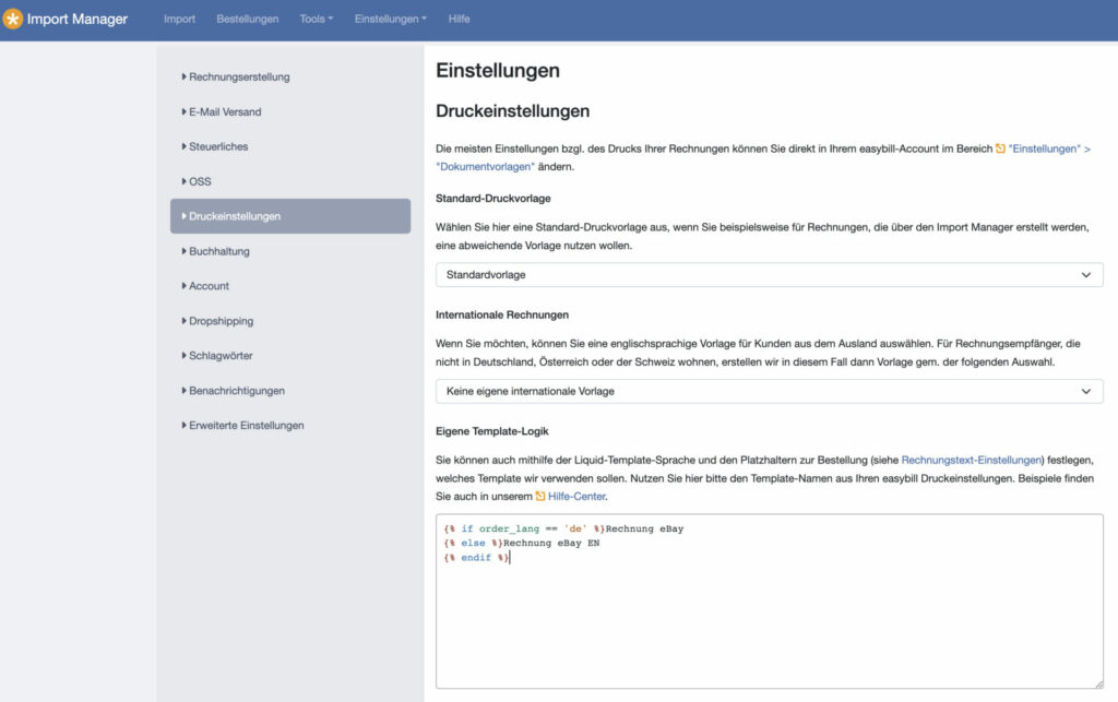 Screenshot aus dem easybill Import Manager zeigt Einstellungsmöglichkeit für eigene Templatelogik mittels Liquid-Abfrage