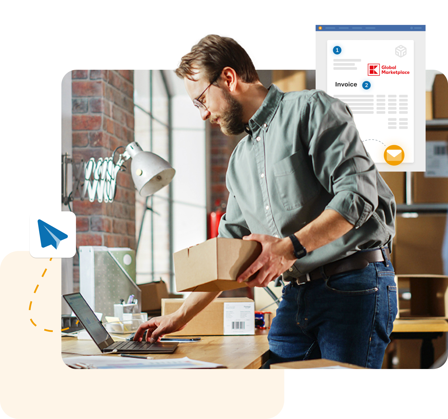 Man with a package in hand typing on a laptop - shelves with packages behind him.




