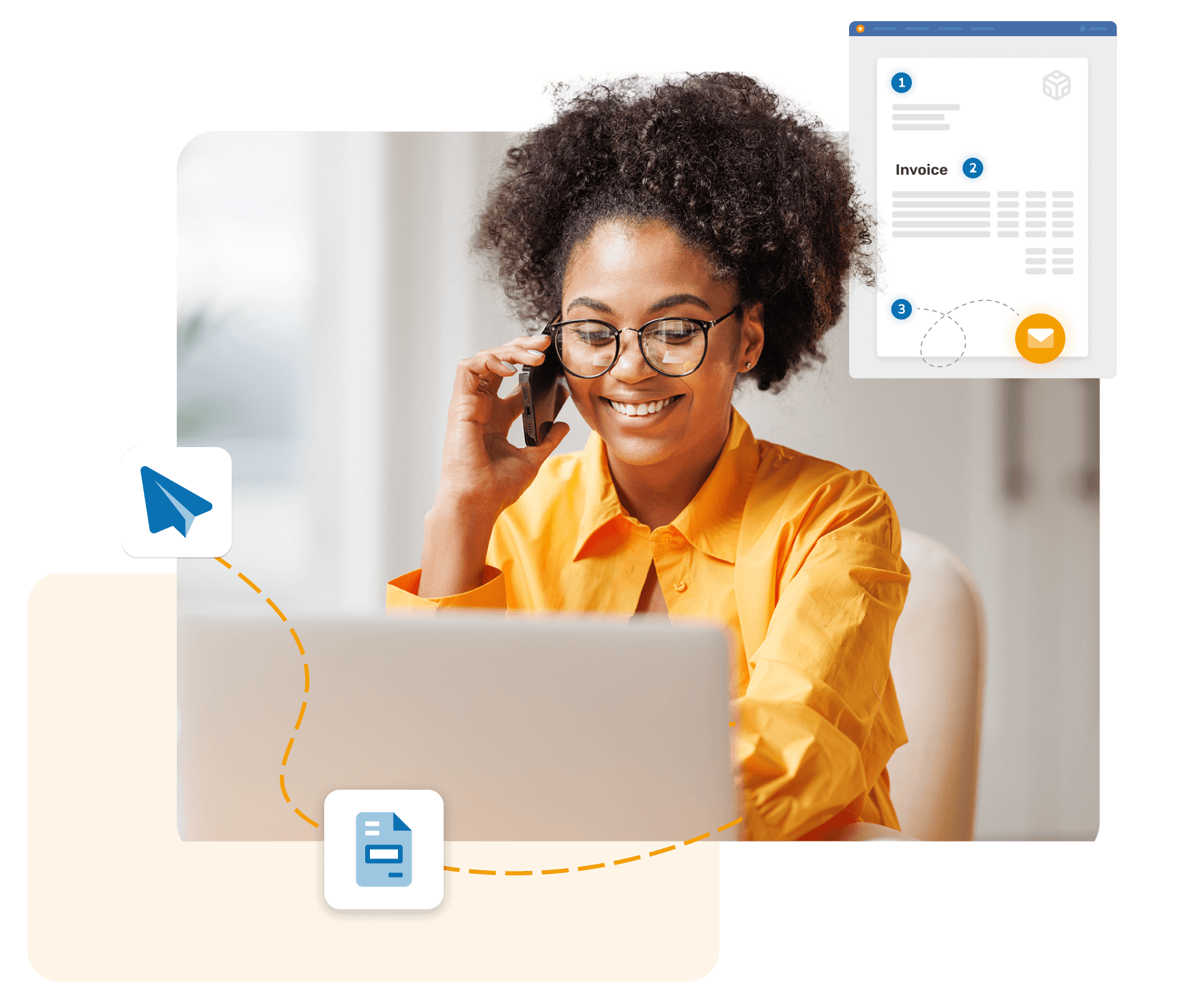 Freelancer on laptop writes invoices with easybill