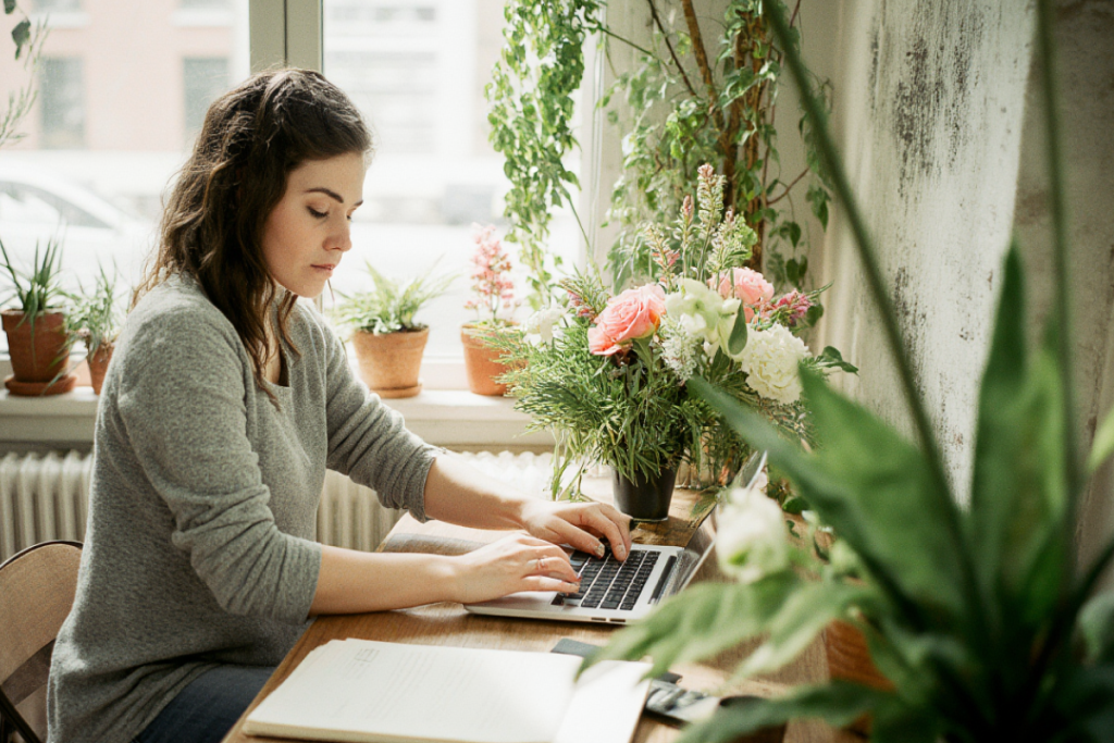 Freiberuflerin am Laptop schreibt Rechnungen mit easybill