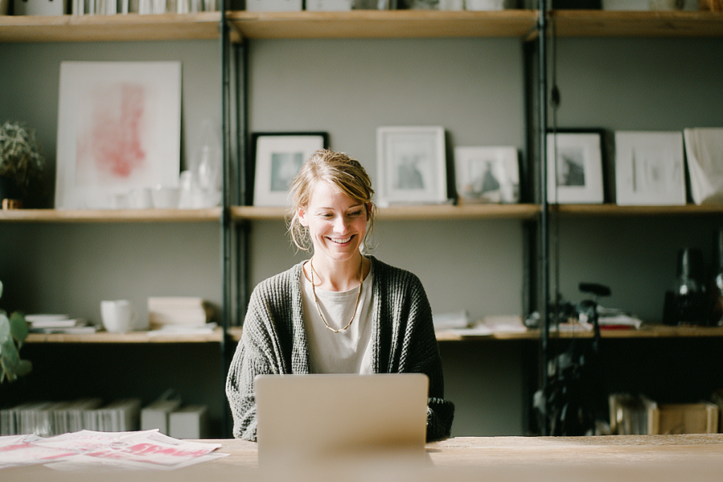 self-employed flower seller on laptop writes invoices with easybill