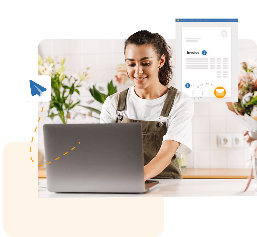 self-employed flower seller on laptop writes invoices with easybill