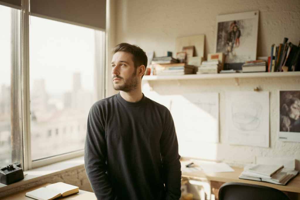 Smiling man in a grey jumper sits at a table and writes - a laptop in front of him