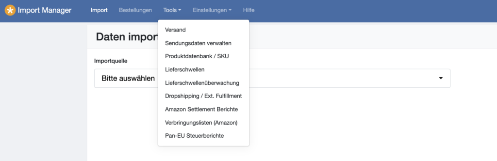 Screenshot vom Auswahlmenü des Import Managrs zur Wahl der Steuerberichte und Auswertungen von Amazon