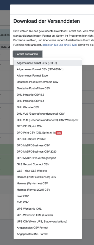 Liste aller unterstützten Versanddienstleister im Import Manager