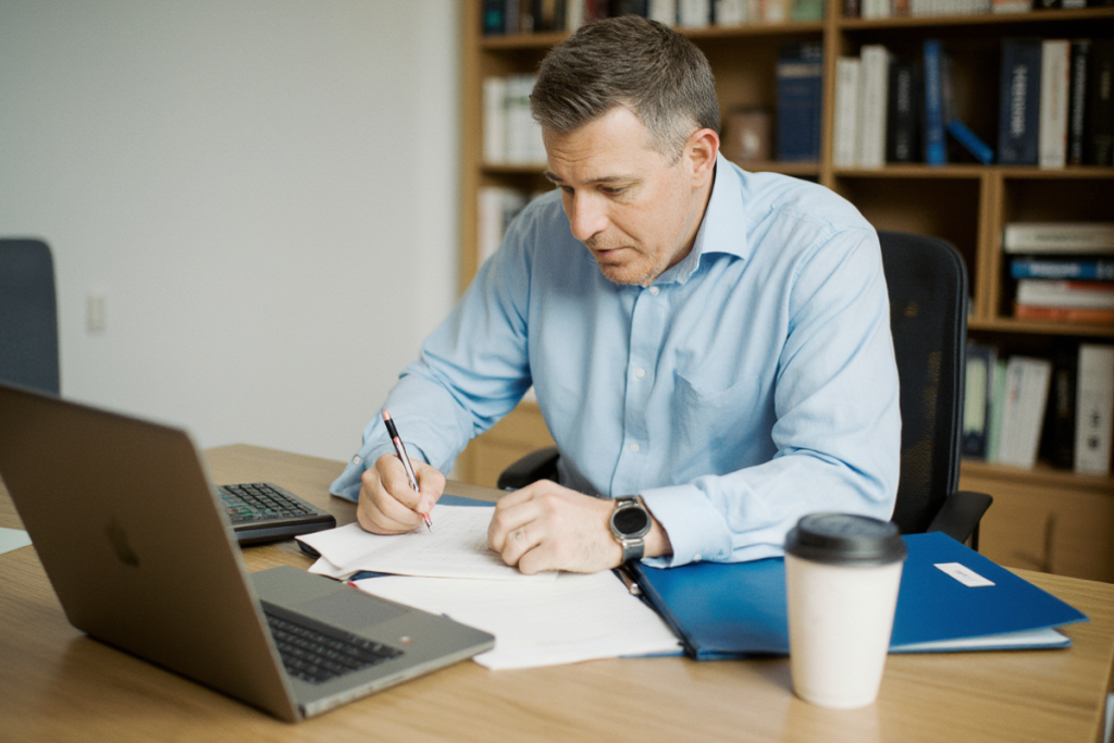 Vorbereitende Buchhaltung - Geschäftsfrau arbeitet an Finanzunterlage