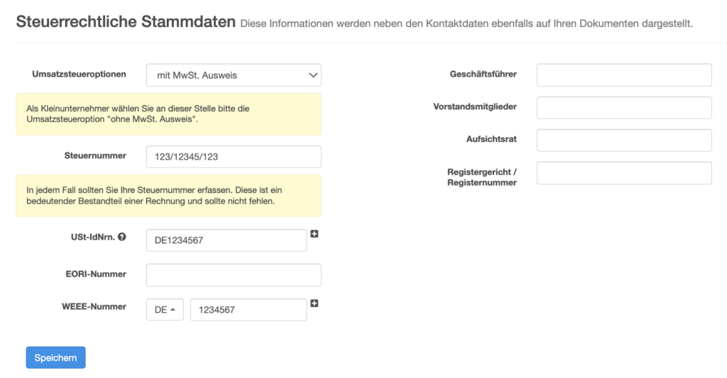 Screenshot aus easybill zur Eintragung aller vorhandenen WEEE Nummern