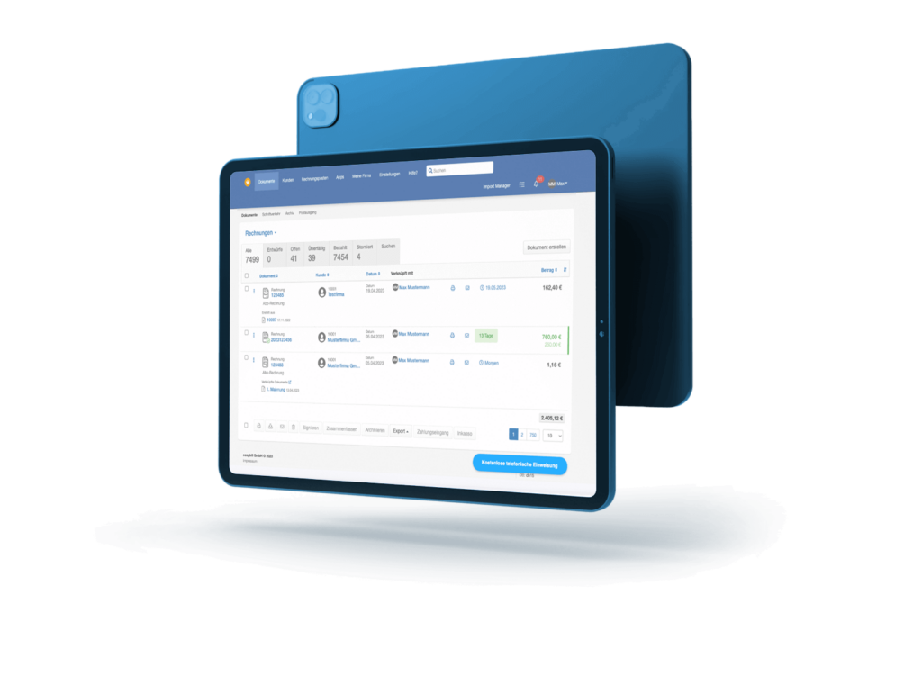 Blaues Tablet zeigt easybill Dashboard zum Rechnungen schreiben