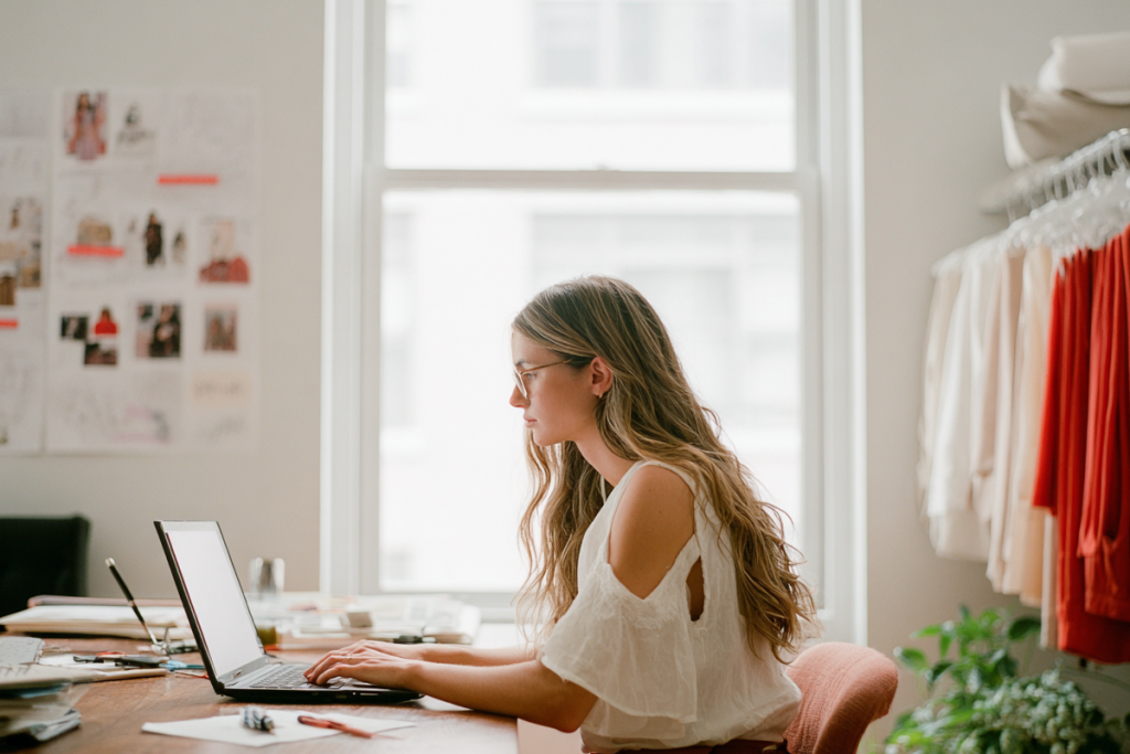 Kleinunternehmerin im gelben Kleid gestaltet ihr Rechnungsdesign am Laptop