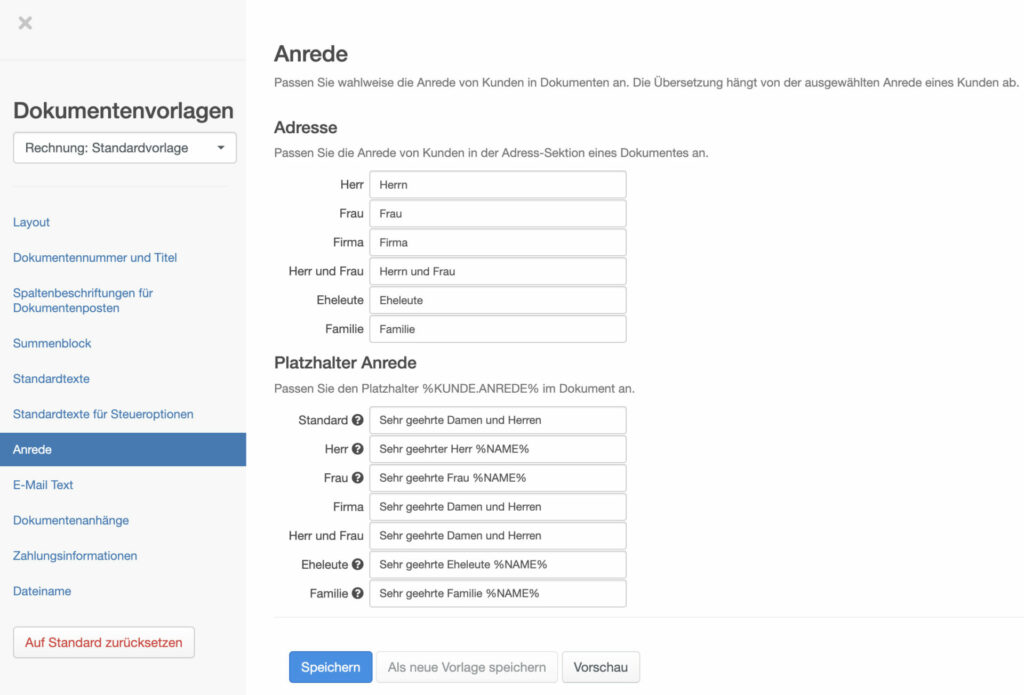 Screenshot aus easybill, der die Einstellungen zur Personalisierung der Anrede zeigt