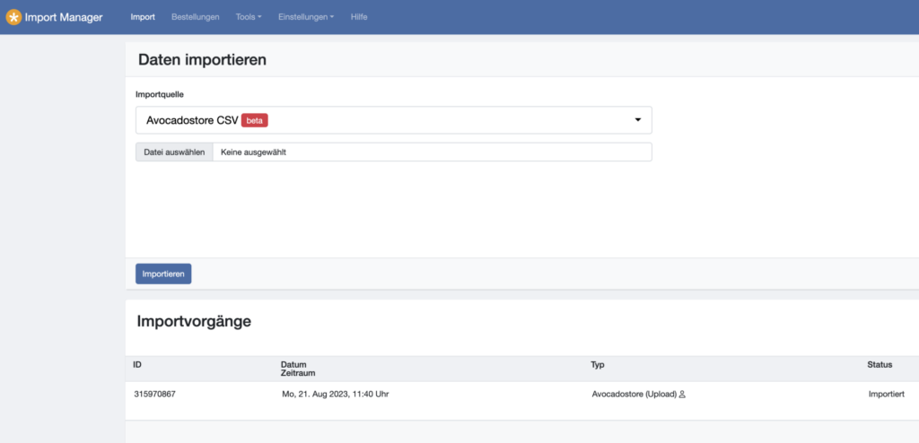 Übersicht Importvorgang aus Avocadostore
