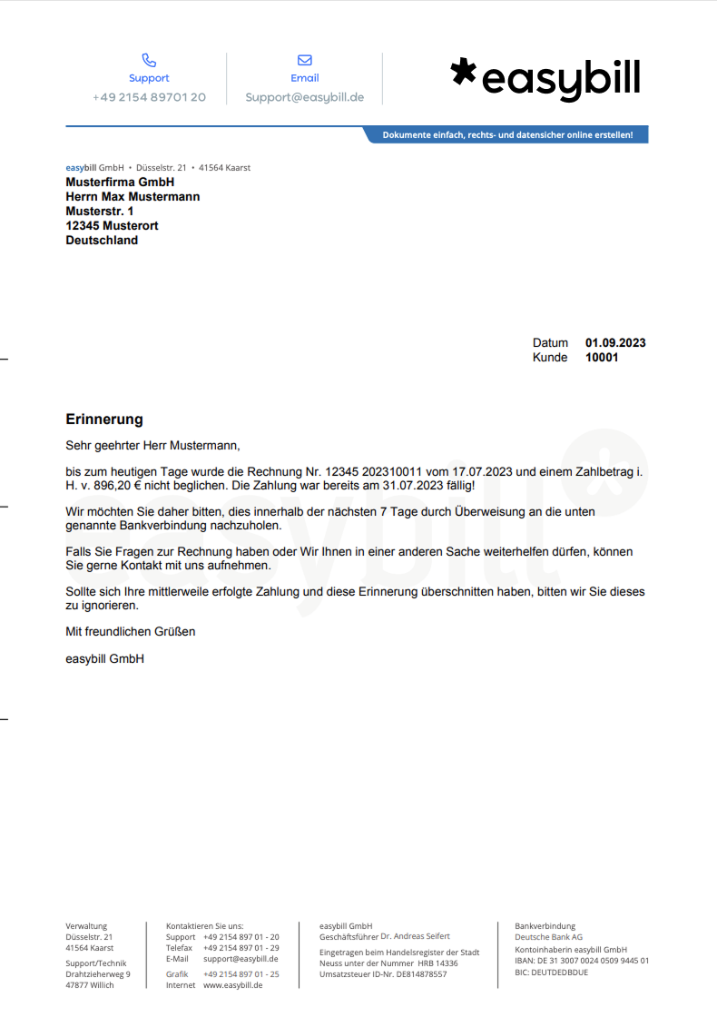 Zahlungserinnerungsvorlage & Mustererinnerung